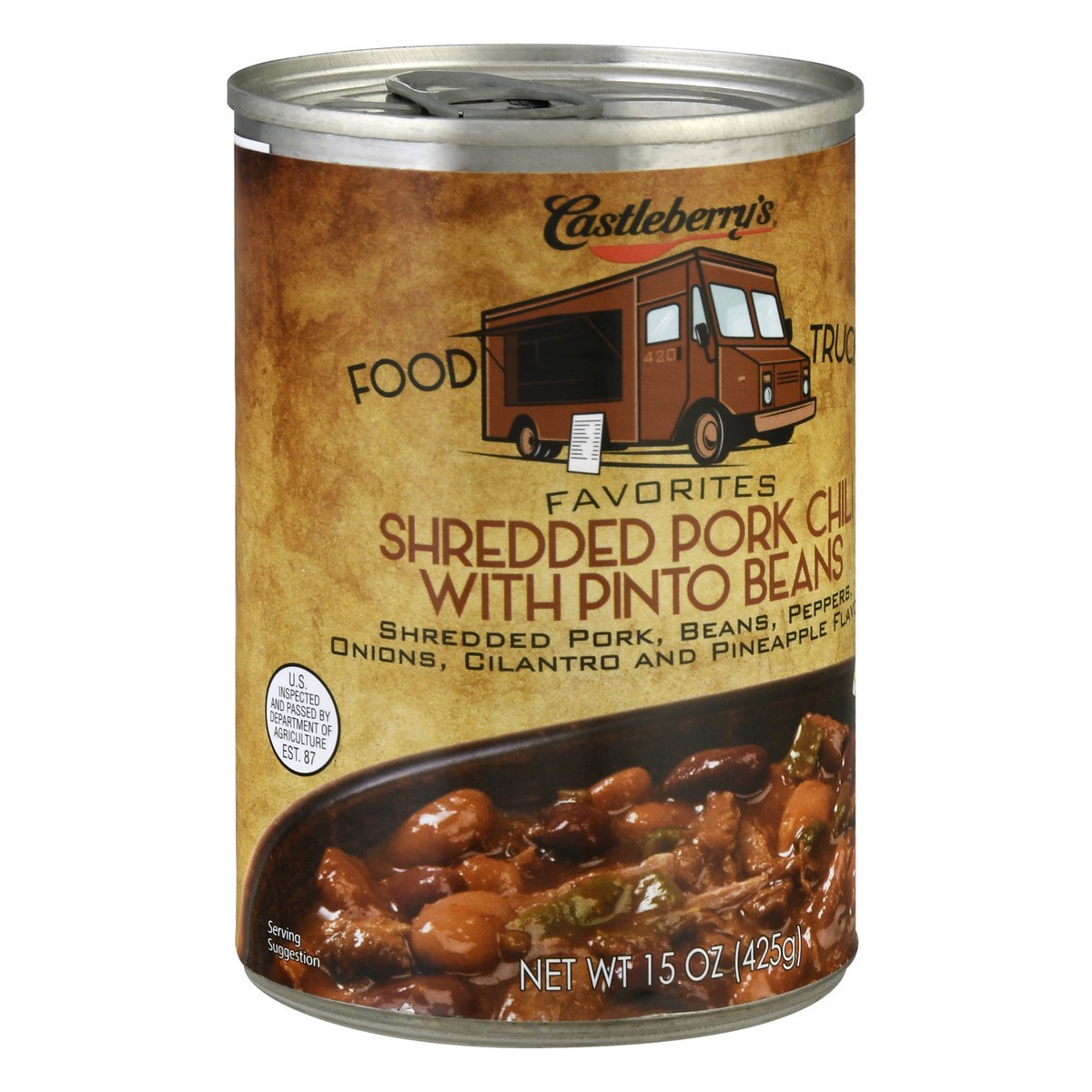 slide 8 of 9, Castleberry's Mild With Pinto Beans Shredded Pork Chili, 15.0 oz