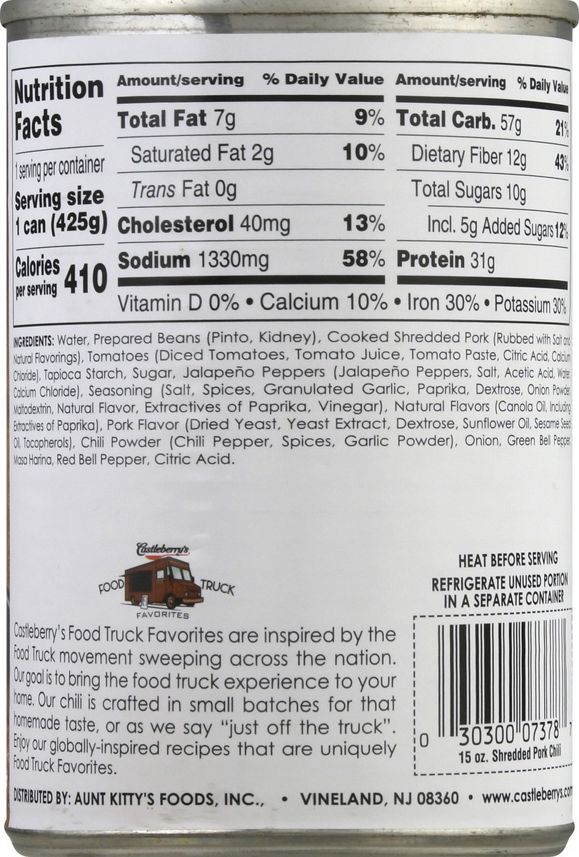 slide 5 of 9, Castleberry's Mild With Pinto Beans Shredded Pork Chili, 15.0 oz