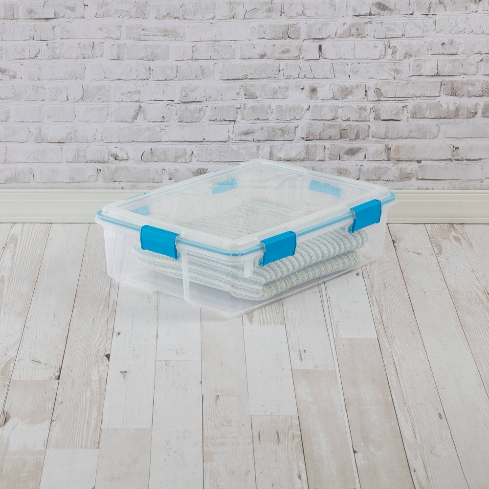 slide 3 of 7, Sterilite Gasket Box Clear with Blue Latches, 37 qt