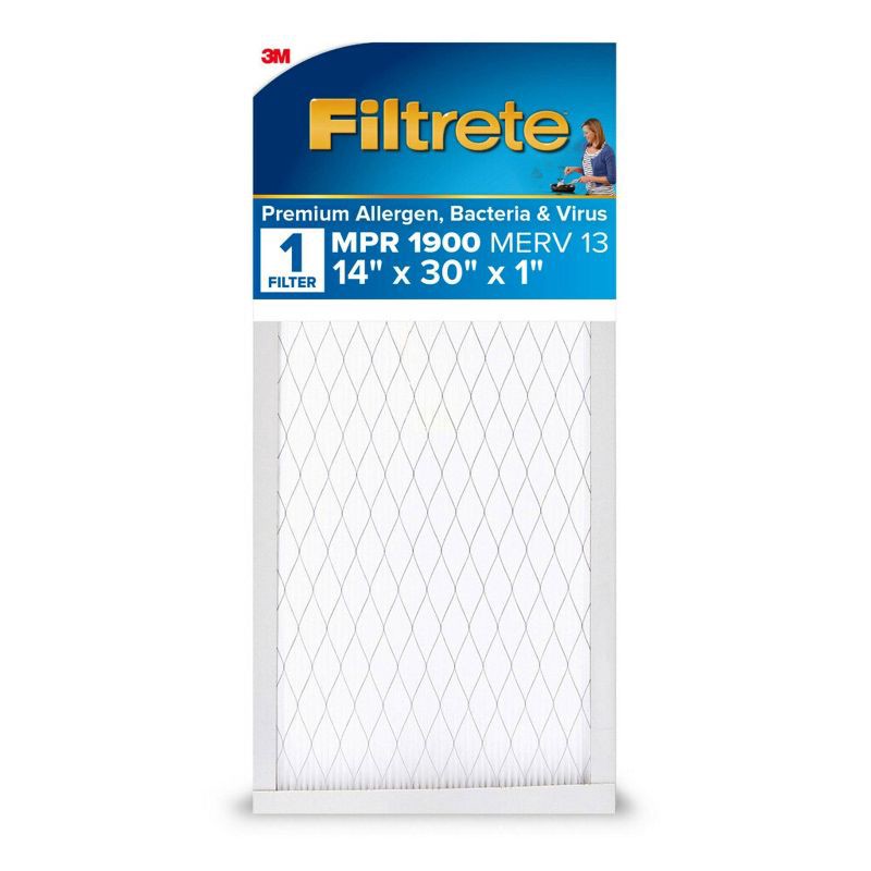 slide 1 of 13, Filtrete 14x30x1 Premium Allergen Bacteria and Virus Air Filter 1900 MPR: MERV 13 Electrostatic for Home Furnaces, 1 ct