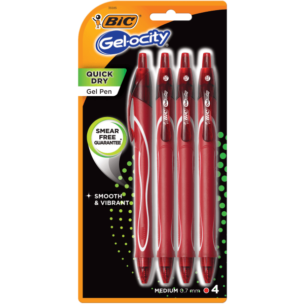 slide 1 of 5, Bic Gelocity Quick-Dry Retractable Gel Pens, Medium Point, 0.7 Mm, Red Barrel, Red Ink, Pack Of 4 Pens, 4 ct