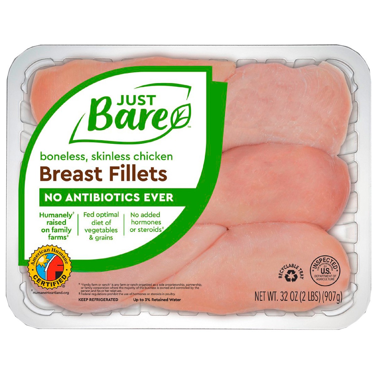 slide 4 of 6, JUST BARE Natural Fresh Chicken Breast Fillets | Family Pack | Antibiotic Free | Boneless | Skinless | 2.0 LB, 32 oz