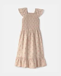 Oshkosh Girls Floral Smocked Midi Dress - Tan, Size 14