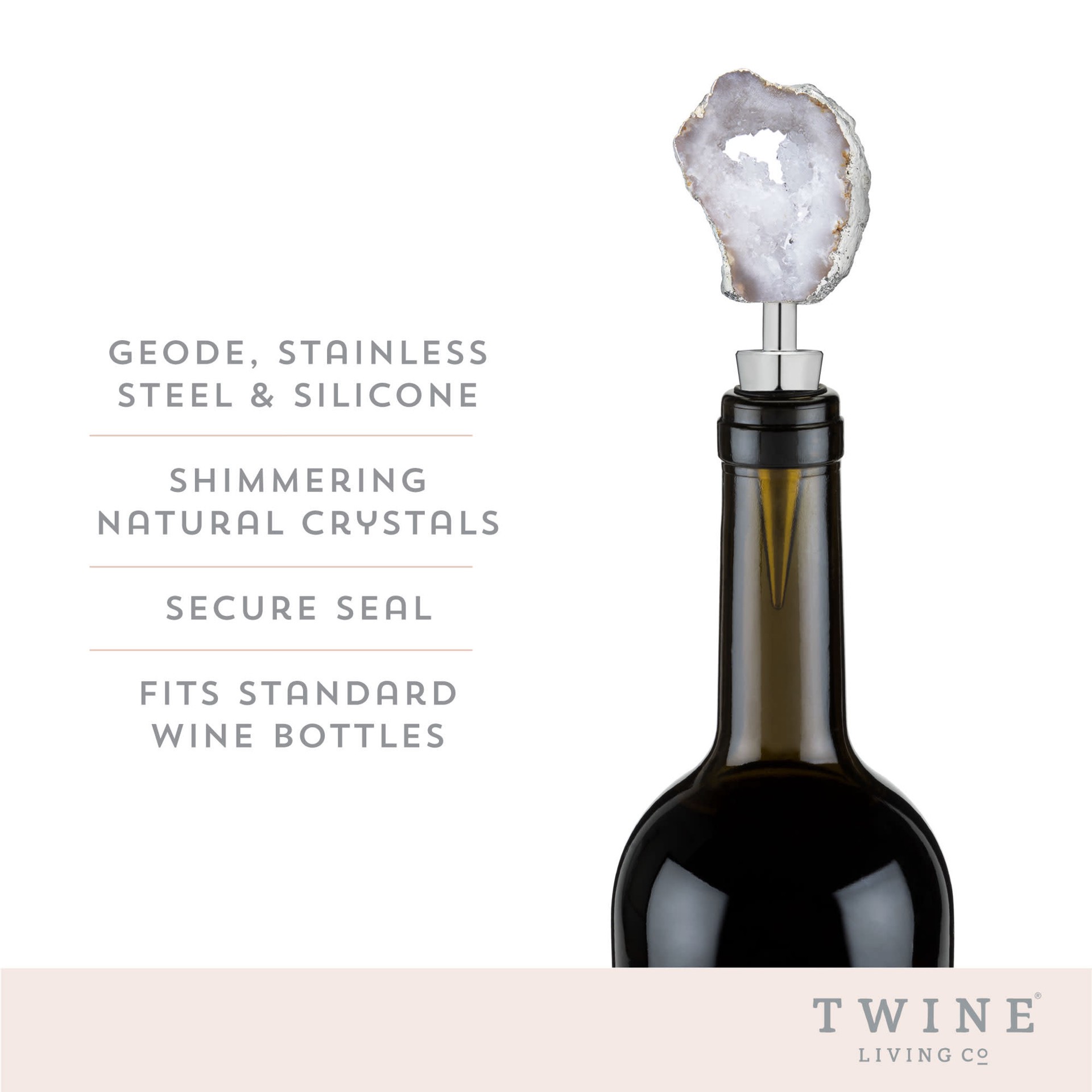 slide 2 of 5, Twine White Geode Bottle Stopper, Crystal Wine Bottle Stopper, Fits Standard Wine Bottles, Geode, Stainless Steel, Silicone, Set of 1, 1 ct
