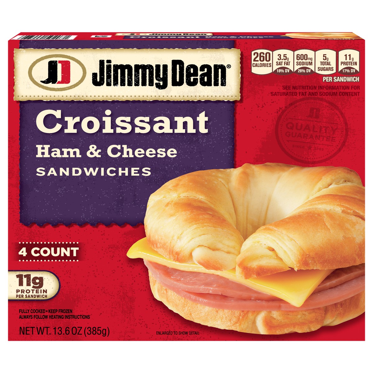 slide 1 of 9, Jimmy Dean Croissant Breakfast Sandwiches with Ham and Cheese, Frozen, 4 Count, 13.6 oz