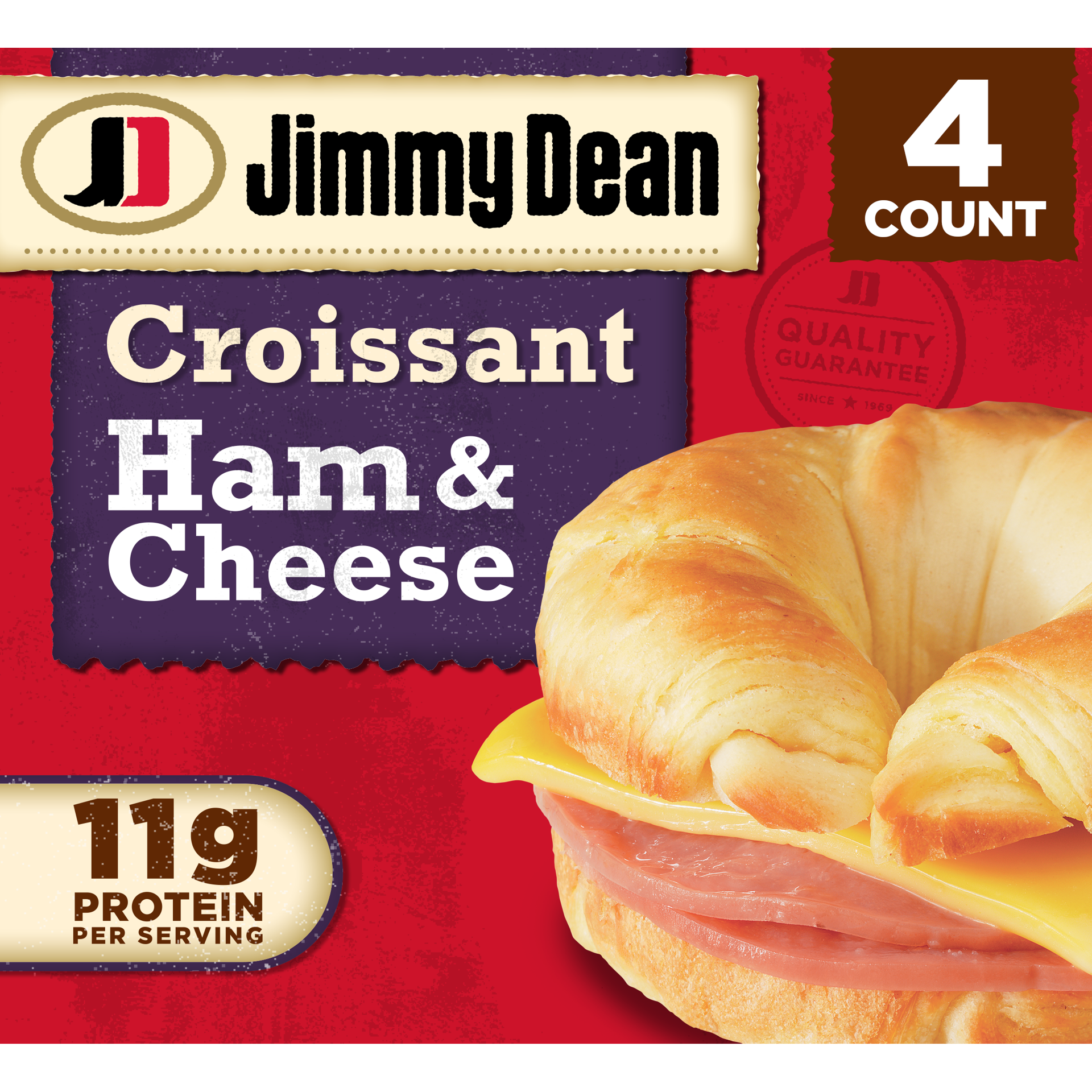 slide 1 of 9, Jimmy Dean Croissant Breakfast Sandwiches with Ham and Cheese, Frozen, 4 Count, 385.55 g