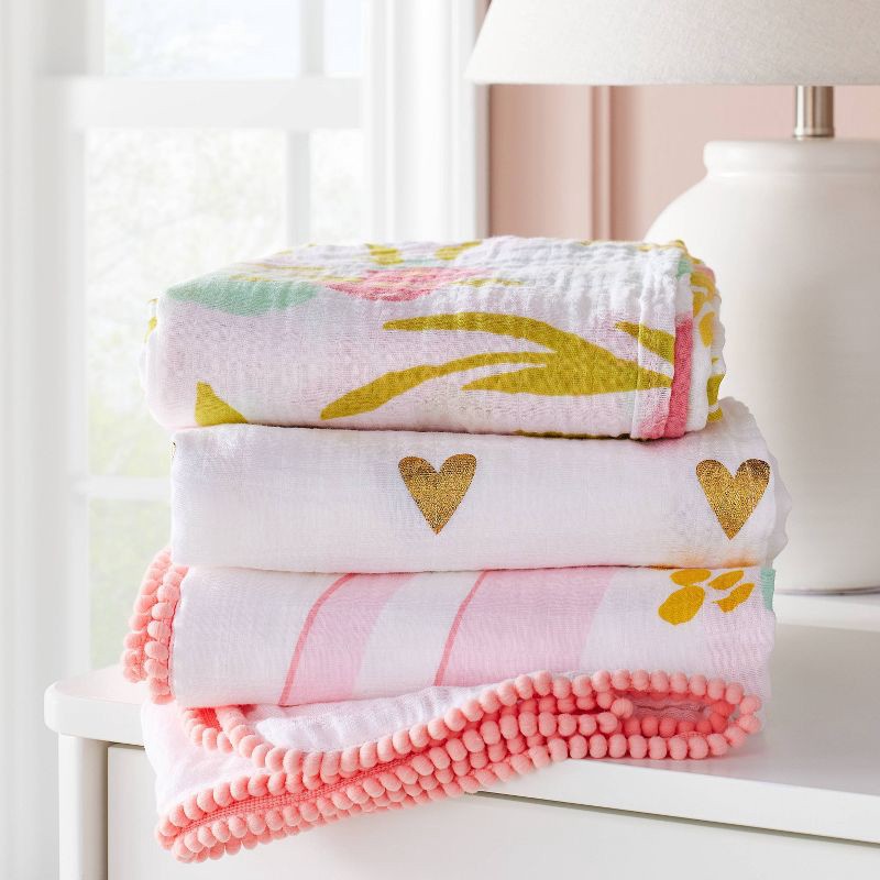 slide 2 of 4, Flora Muslin Swaddle Blankets - Pink- 3pk - Cloud Island™, 3 ct