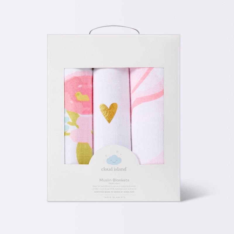 slide 4 of 4, Flora Muslin Swaddle Blankets - Pink- 3pk - Cloud Island™, 3 ct