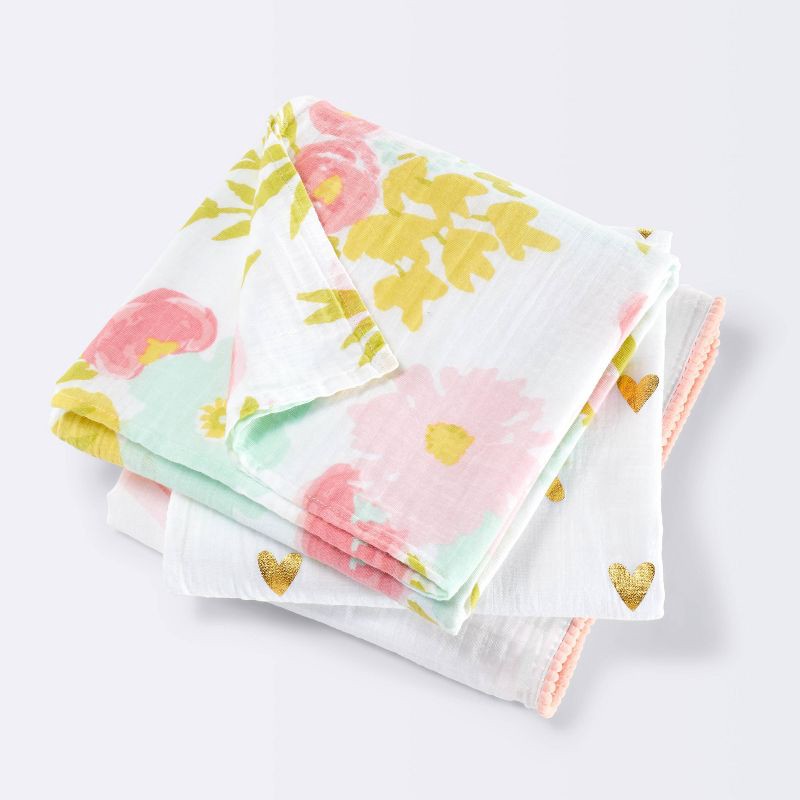 slide 1 of 4, Flora Muslin Swaddle Blankets - Pink- 3pk - Cloud Island™, 3 ct