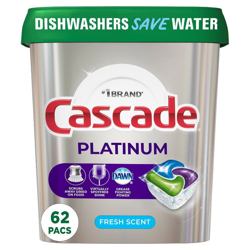 slide 1 of 15, Cascade Platinum ActionPacs Dishwasher Detergents - Fresh Scent - 62ct, 62 ct