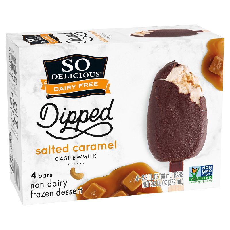 slide 2 of 7, So Delicious Dipped Salted Caramel Cashew Milk Non-Dairy Frozen Dessert Bar - 4ct/9.2 fl oz, 4 ct; 9.2 fl oz