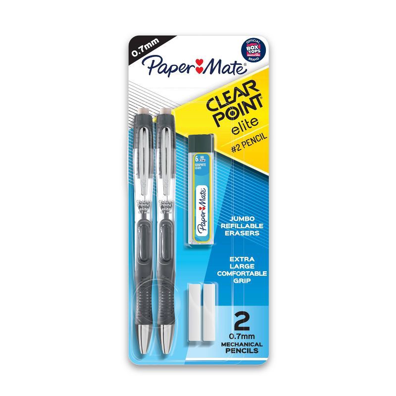 slide 1 of 4, Paper Mate Clear Point Elite 2pk #2 Mechanical Pencils with Eraser & Refill 0.7mm Black: Rubber Grip, Pocket Clip, Plastic, 2 ct