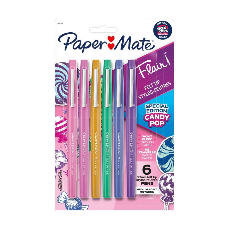 slide 1 of 13, Paper Mate Flair Candy Pop 6pk Felt Pens 0.7mm Medium Tip Multicolored: Papermate Colorful Pens for Journaling & Stationery, 6 ct