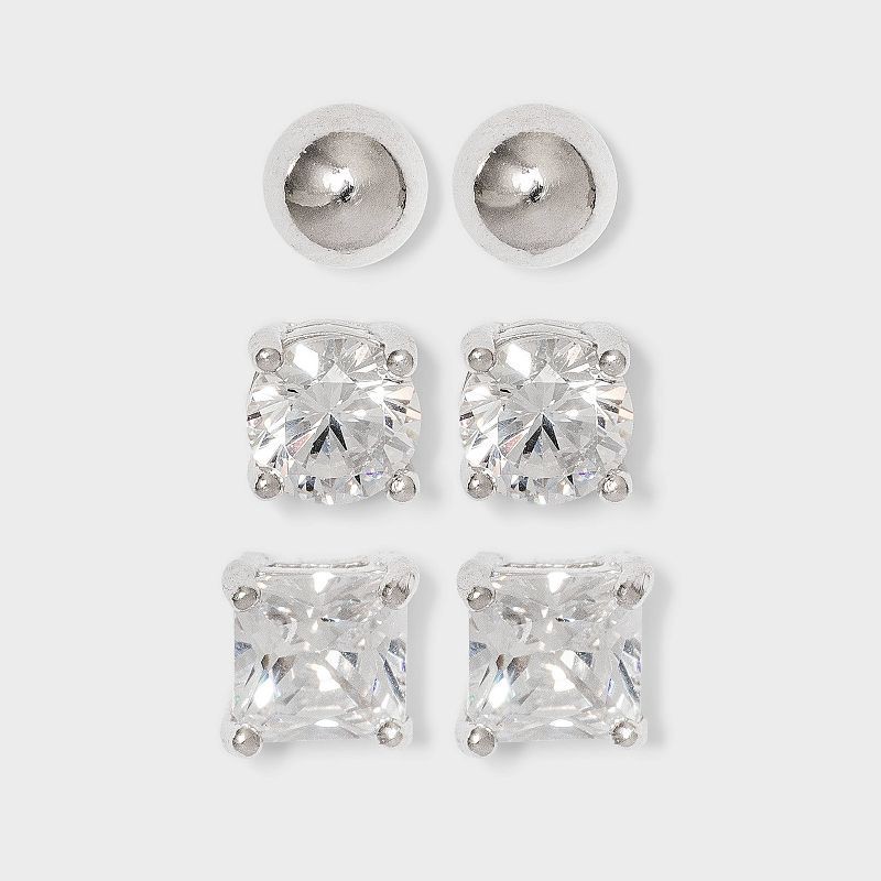slide 1 of 2, Cubic Zirconia and Sterling Silver Round and Square Stud Earring Set 3pc - A New Day™ Silver/Clear, 3 ct