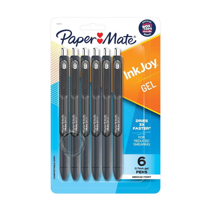 slide 1 of 5, Paper Mate Ink Joy 6pk Gel Pens 0.7mm Medium Tip Black: Retractable Quick Drying Stationery with Pocket Clip, 6 ct