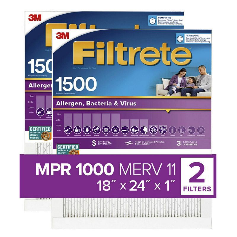 slide 2 of 17, Filtrete Ultra Allergen, 2pk 18X24, Air Filter: MERV 12 Electrostatic Furnace Filter for Home, Captures Viruses & Dust, 2 ct