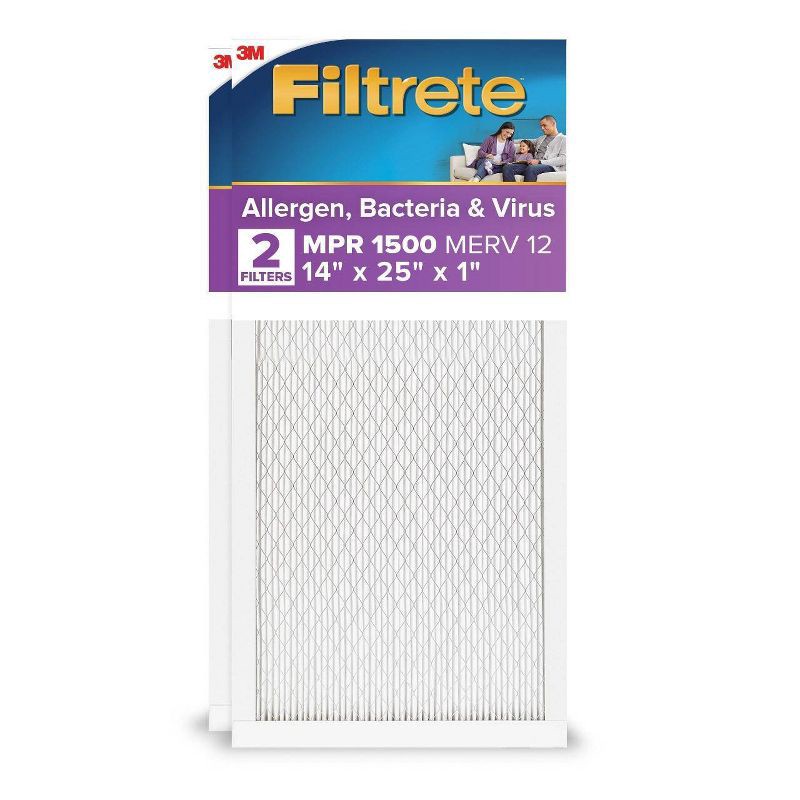 slide 1 of 11, Filtrete 14x25x1 2pk Allergen Bacteria and Virus Air Filter 1500 MPR: MERV 12 Electrostatic Furnace Filter, Captures Dust & Pollen, 2 ct