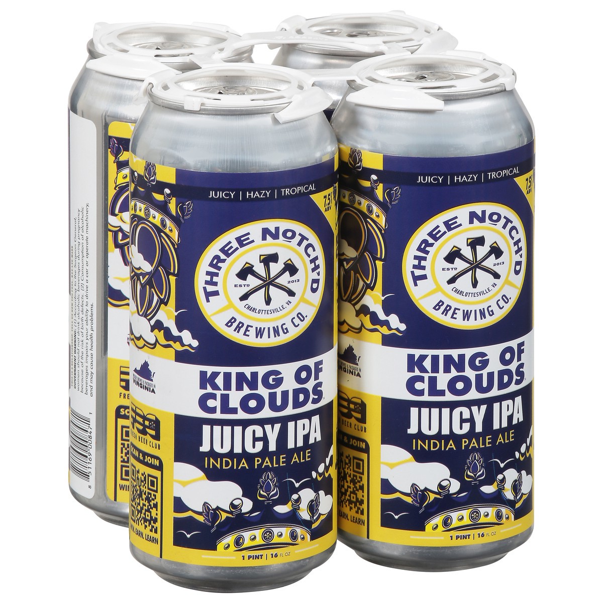 slide 9 of 10, Three Notch'd Juicy IPA King of Clouds Beer 4 - 16 fl oz Cans, 48 oz