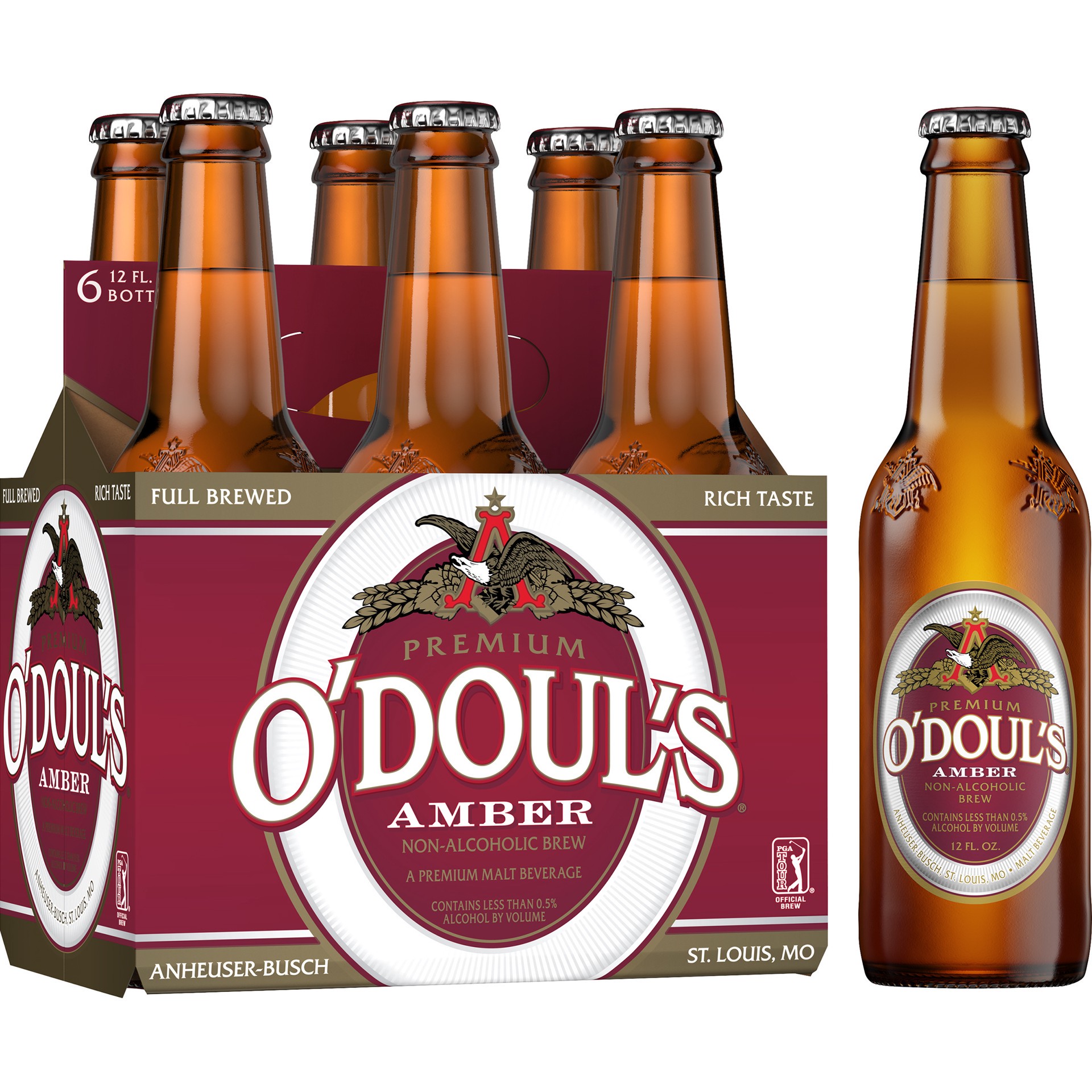 slide 5 of 5, O'doul's Amber O'Doul's Premium Amber Non-Alcoholic Beer, 6 Pack 12 fl. oz. Bottles, 0.5% ABV, 6 ct; 12 oz