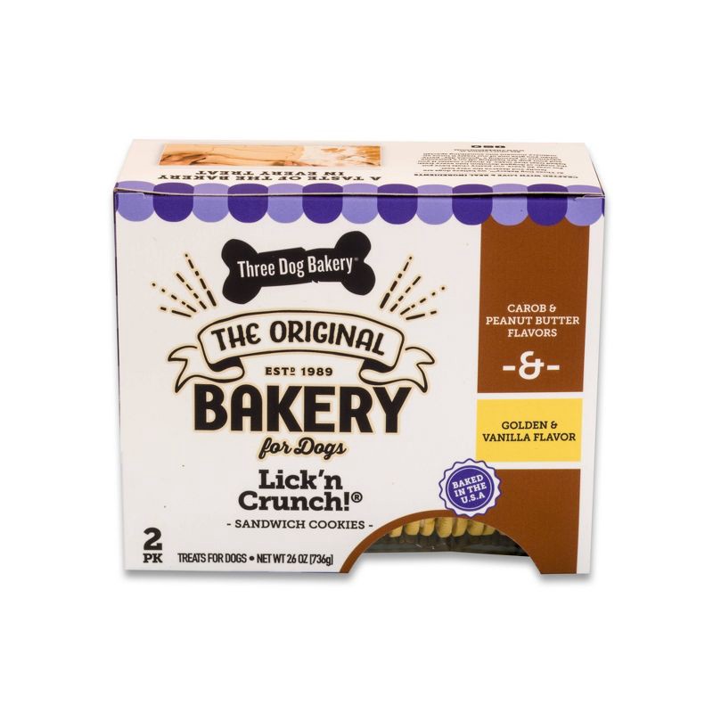 slide 3 of 6, Three Dog Bakery Lick n' Crunch Carob with Peanut Butter Filling and Golden Vanilla Flavor Dog Treats - 26oz, 26 oz