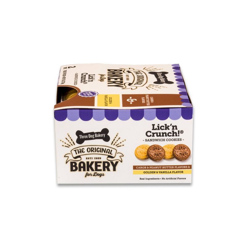 slide 5 of 6, Three Dog Bakery Lick n' Crunch Carob with Peanut Butter Filling and Golden Vanilla Flavor Dog Treats - 26oz, 26 oz