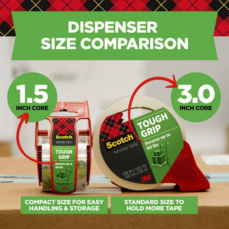 slide 4 of 15, Scotch Tough Grip Moving Tape with Dispenser, 1ct: Heavy Duty Packing Tape for Moving Supplies & Boxes, 1.88" x 1966", 1 ct