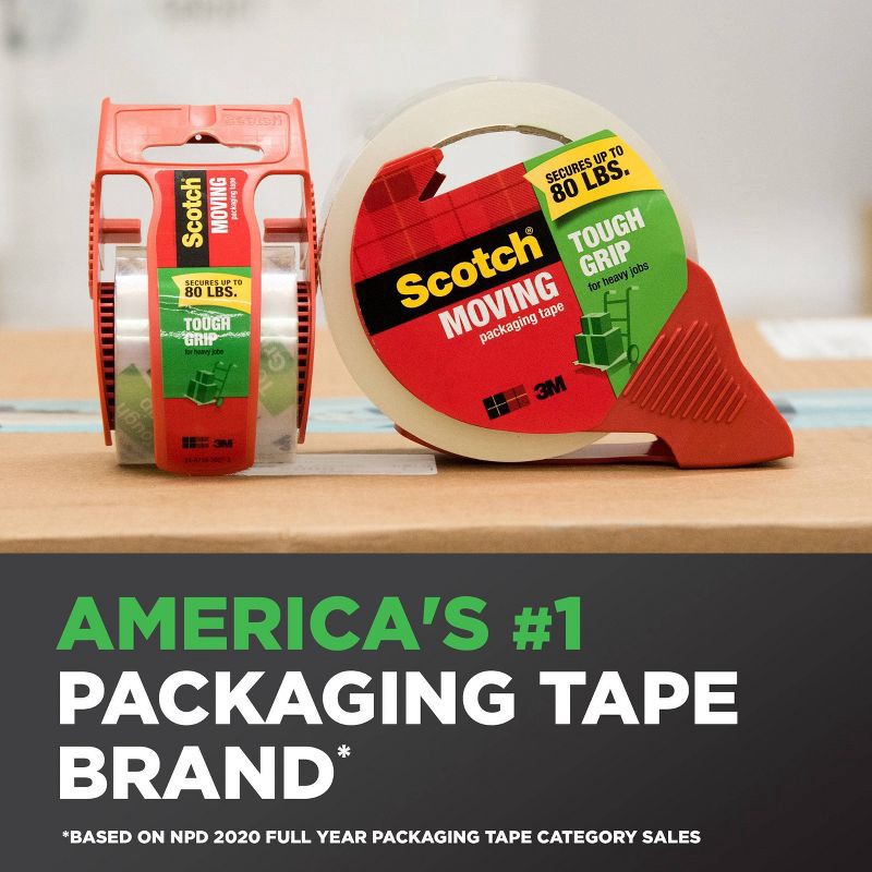 slide 5 of 15, Scotch Tough Grip Moving Tape with Dispenser, 1ct: Heavy Duty Packing Tape for Moving Supplies & Boxes, 1.88" x 1966", 1 ct