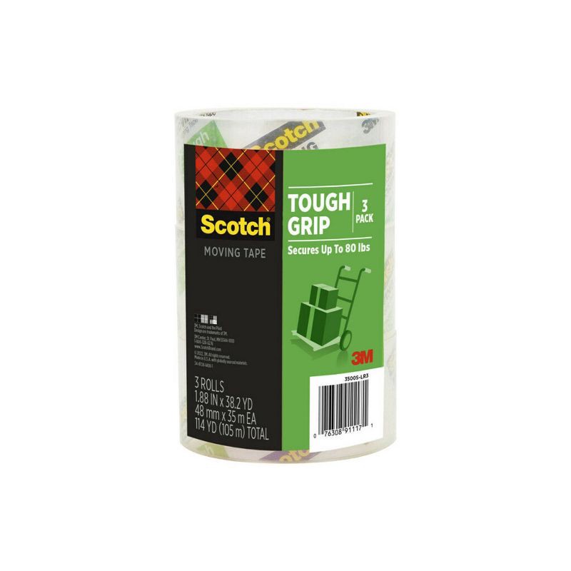 slide 1 of 13, Scotch 3pk Tough Grip Moving Tape: Clear Packing Tape for Shipping & Refill, 1.88" Width, 1375" Length, 3 ct