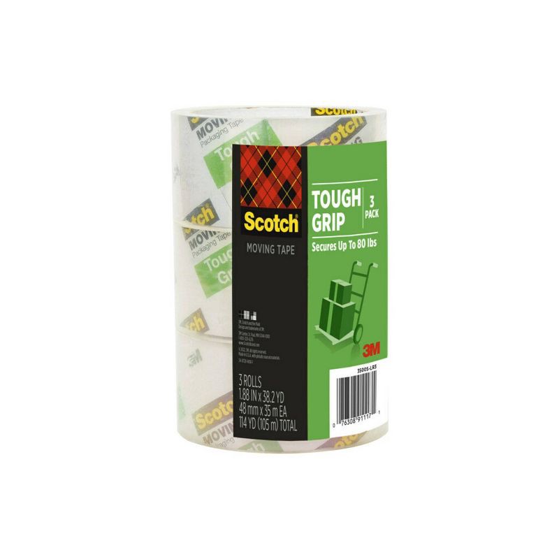 slide 10 of 13, Scotch 3pk Tough Grip Moving Tape: Clear Packing Tape for Shipping & Refill, 1.88" Width, 1375" Length, 3 ct