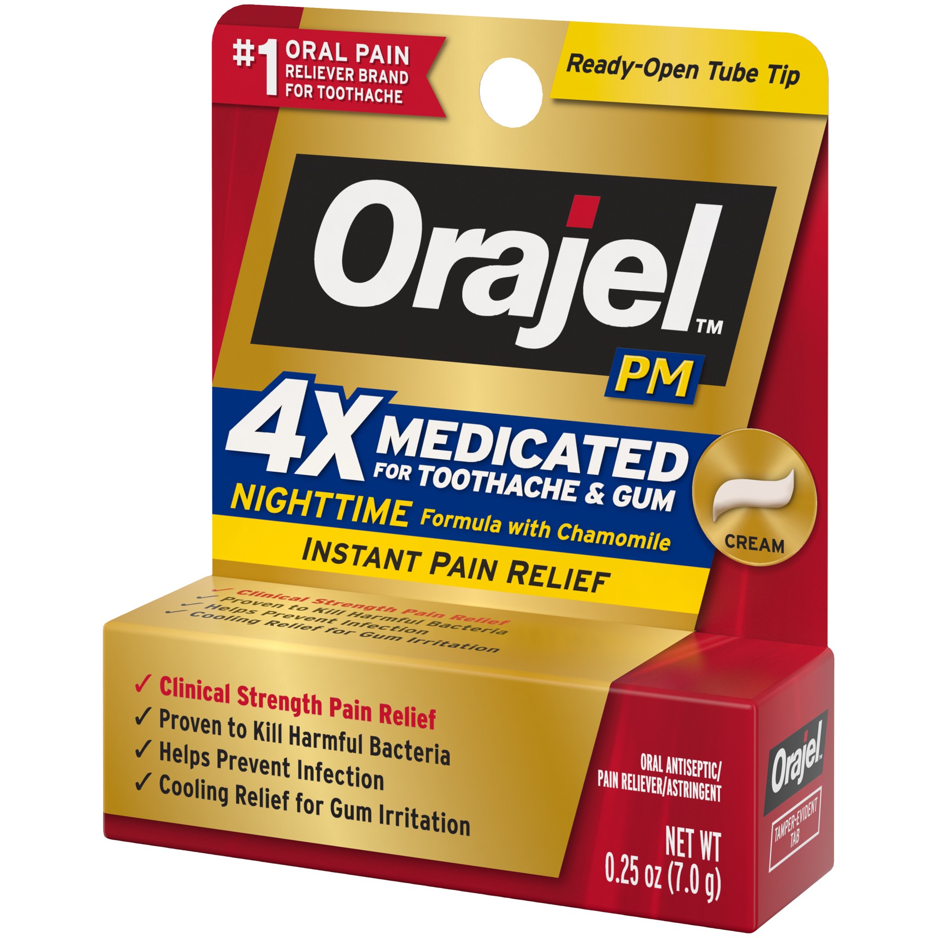 slide 4 of 4, Orajel Toothache & Gum, Instant Pain Relief, Nighttime, Formula With Chamomile, Cream, 0.25 oz