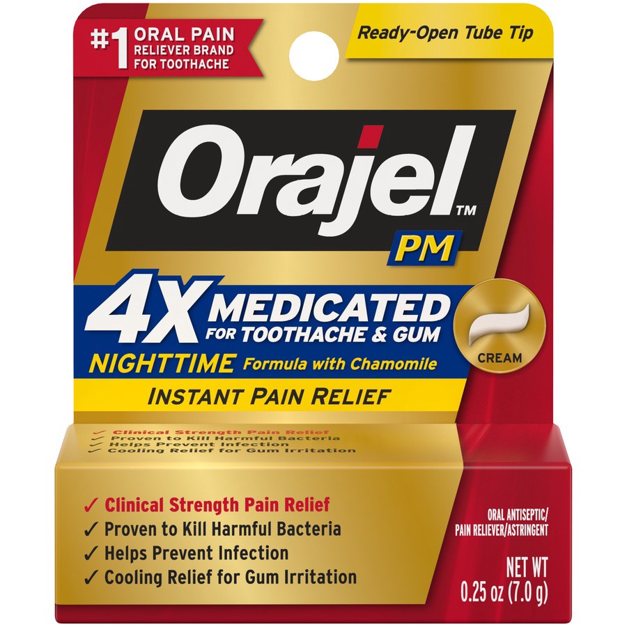 slide 1 of 4, Orajel Toothache & Gum, Instant Pain Relief, Nighttime, Formula With Chamomile, Cream, 0.25 oz