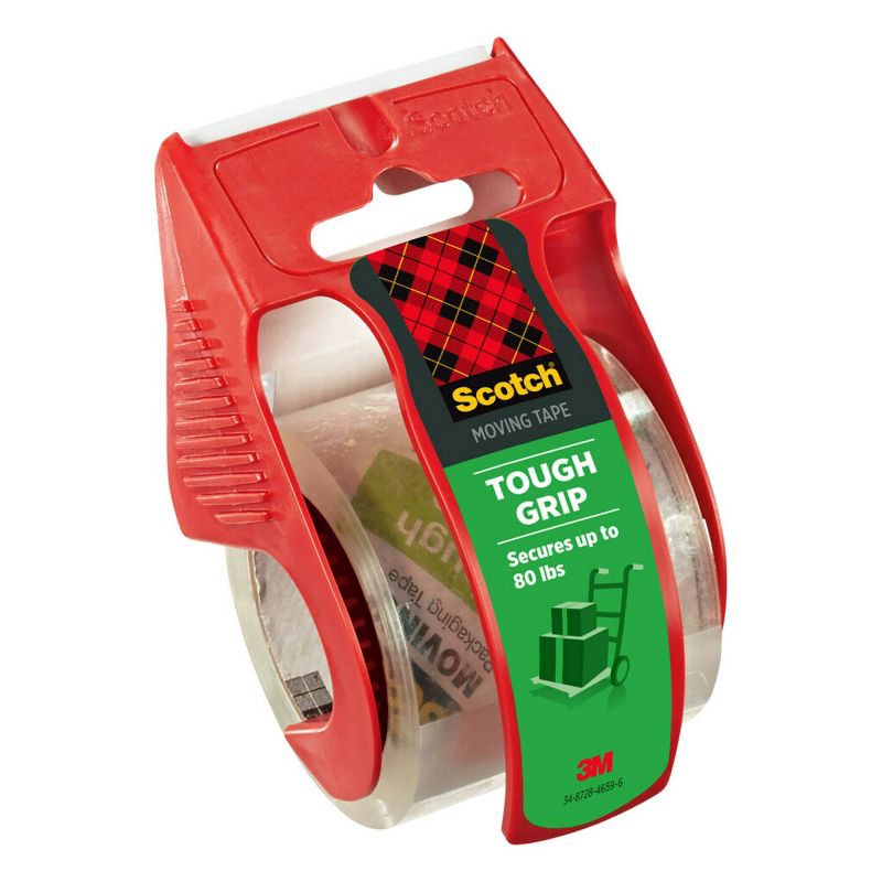 slide 12 of 13, Scotch Tough Grip Moving Packaging Tape with Dispenser: Clear Packing Tape for Moving Boxes & Shipping, 1.88" x 1000", 1 ct