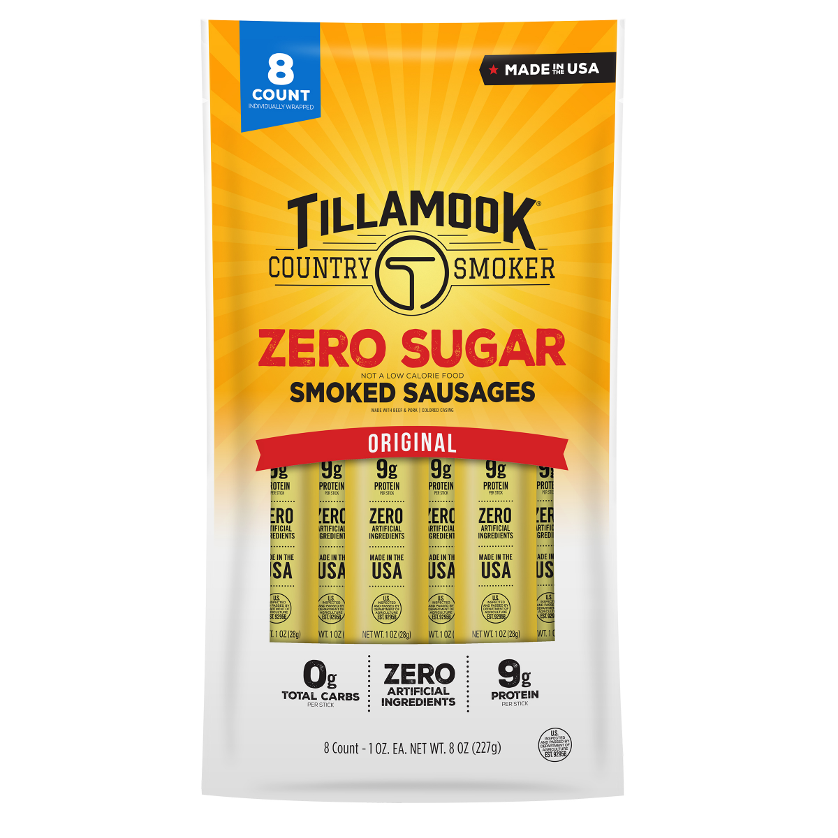 slide 1 of 2, Tillamook Country Smoker Zero Sugar Original Smoked Sausages 8 - 1 oz ea, 8 ct