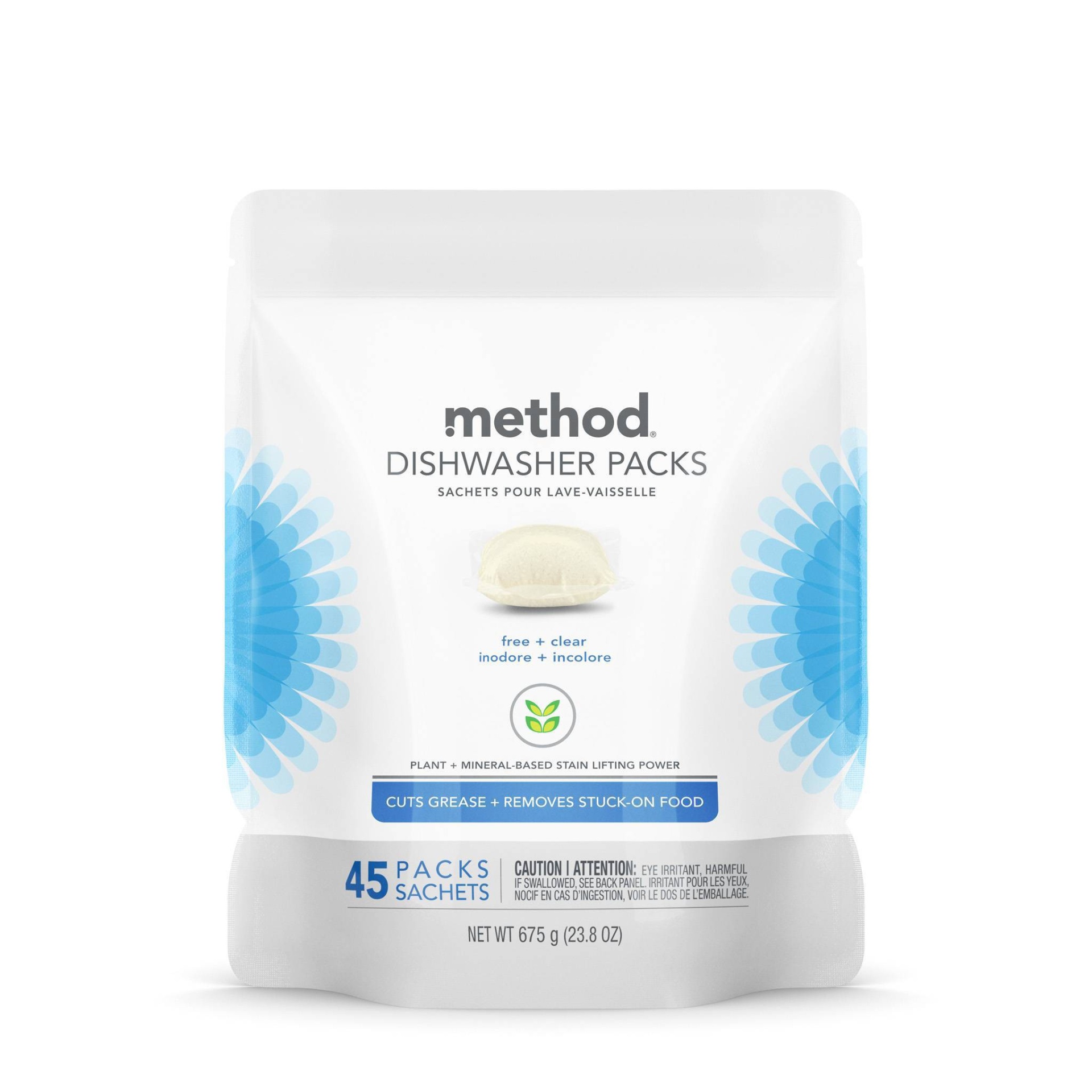 slide 1 of 3, Method Dishwasher Detergent Power Packets Free & Clear, 45 ct