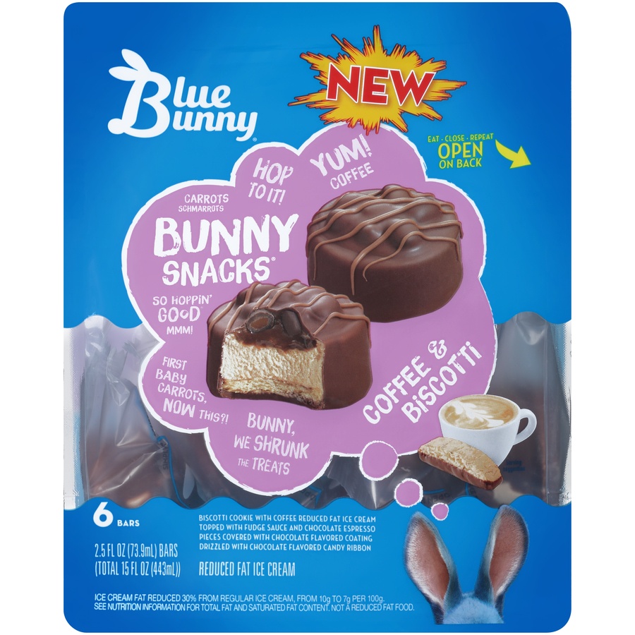 slide 1 of 8, Blue Bunny Bunny Snacks Coffee & Biscotti Reduced Fat Ice Cream Bars, 6 ct; 2.5 fl oz