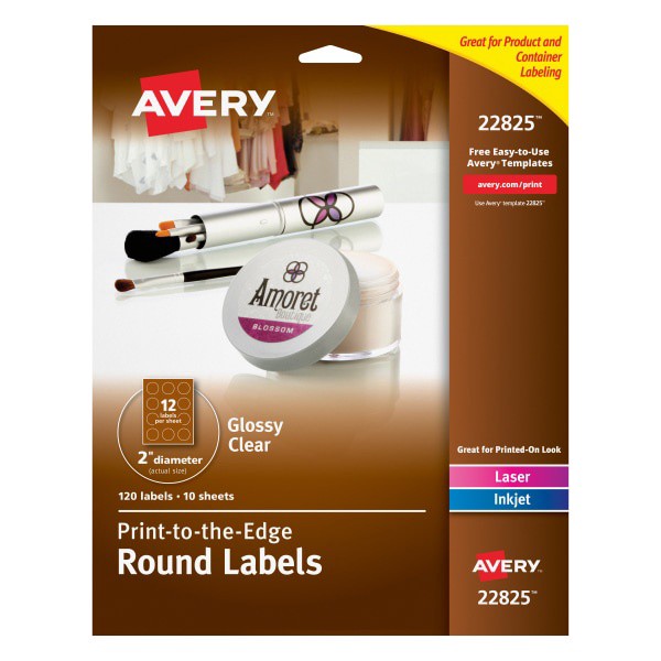 slide 1 of 6, Avery Easy Peel Trueblock Print-To-The-Edge Inkjet/Laser Labels, Round, 22825, Glossy Clear, 120 ct; 2 in