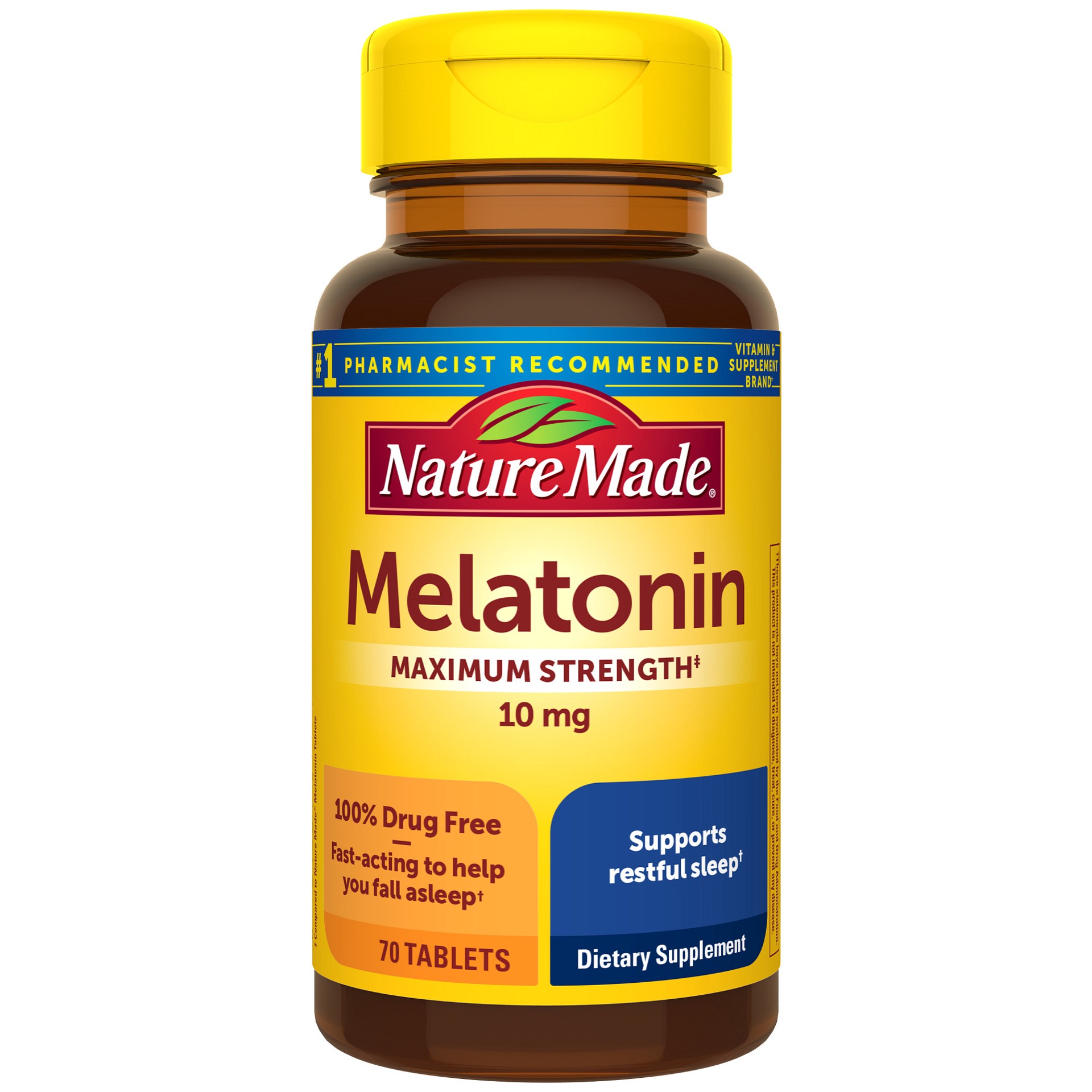 slide 1 of 12, Nature Made Melatonin 10mg Maximum Strength Tablets, 100% Drug Free Sleep Aid for Adults, 70 Count, 70 Day Supply, 70 ct