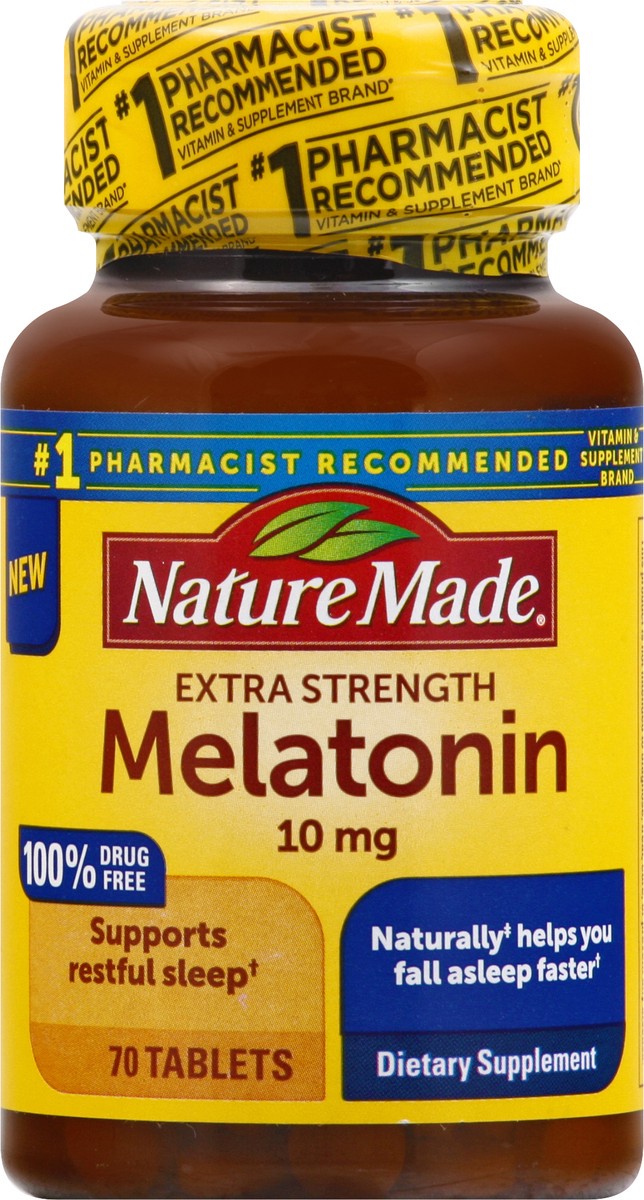 slide 5 of 12, Nature Made Melatonin 10mg Maximum Strength Tablets, 100% Drug Free Sleep Aid for Adults, 70 Count, 70 Day Supply, 70 ct