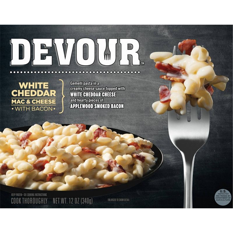 slide 8 of 9, Devour Frozen White Cheddar Mac & Cheese with Bacon - 12oz, 12 oz