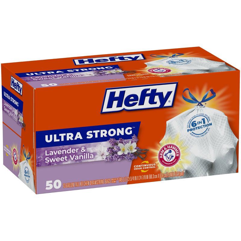 slide 2 of 7, Hefty Ultra Strong Lavender & Sweet Vanilla Tall Kitchen Drawstring Trash Bags - 13gal/50ct, 13 gal, 50 ct