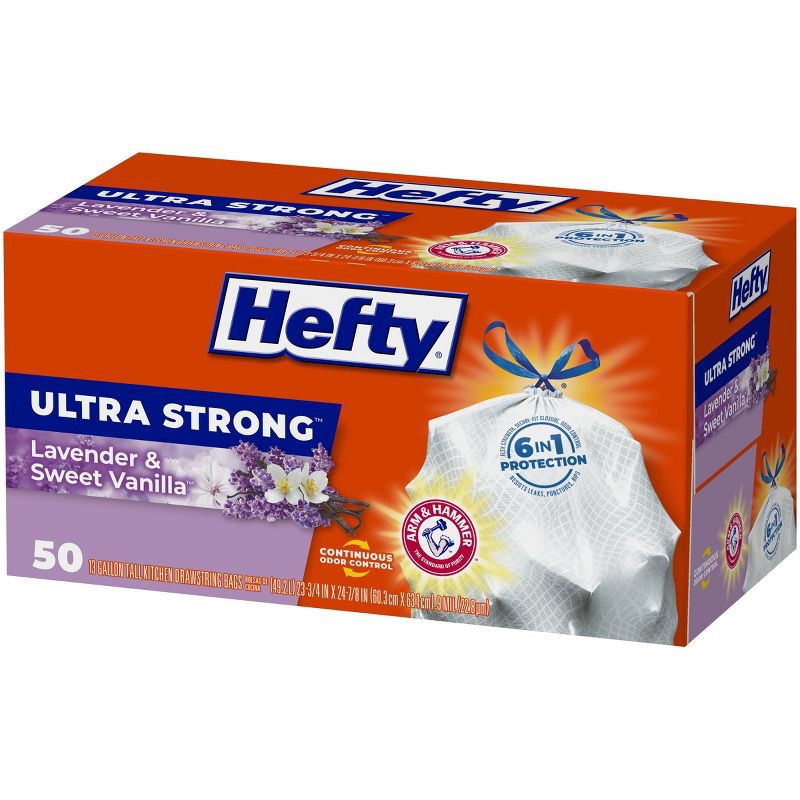 slide 3 of 7, Hefty Ultra Strong Lavender & Sweet Vanilla Tall Kitchen Drawstring Trash Bags - 13gal/50ct, 13 gal, 50 ct