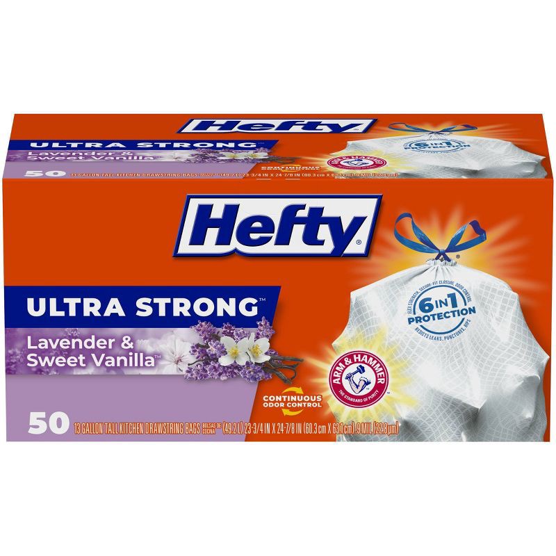 slide 1 of 7, Hefty Ultra Strong Lavender & Sweet Vanilla Tall Kitchen Drawstring Trash Bags - 13gal/50ct, 13 gal, 50 ct