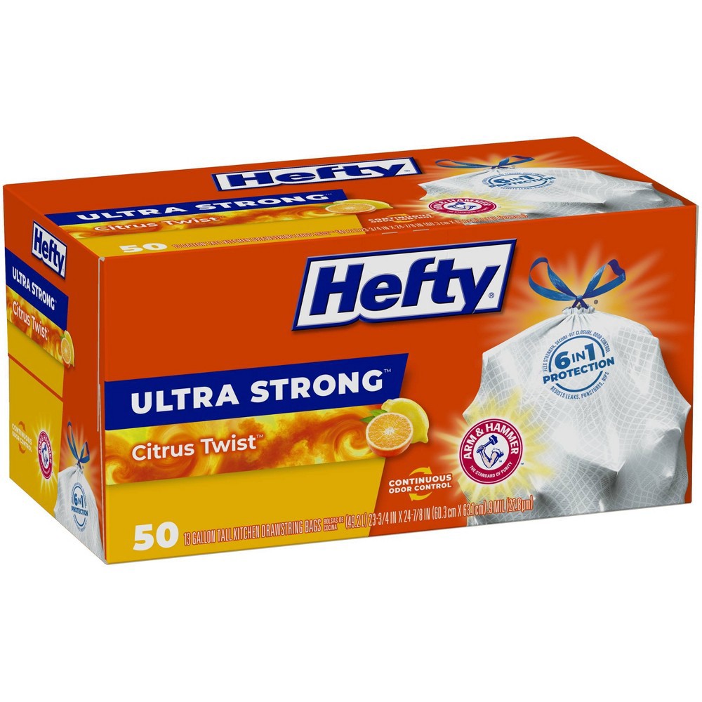 slide 2 of 8, Hefty Ultra Strong Tall Kitchen Drawstring Trash Bags - Citrus Twist Scent - 13 Gallon - 50ct, 13 gal, 50 ct