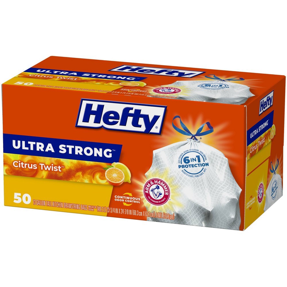 slide 3 of 8, Hefty Ultra Strong Tall Kitchen Drawstring Trash Bags - Citrus Twist Scent - 13 Gallon - 50ct, 13 gal, 50 ct