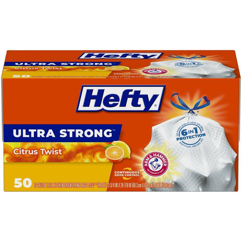 slide 1 of 8, Hefty Ultra Strong Tall Kitchen Drawstring Trash Bags - Citrus Twist Scent - 13 Gallon - 50ct, 13 gal, 50 ct