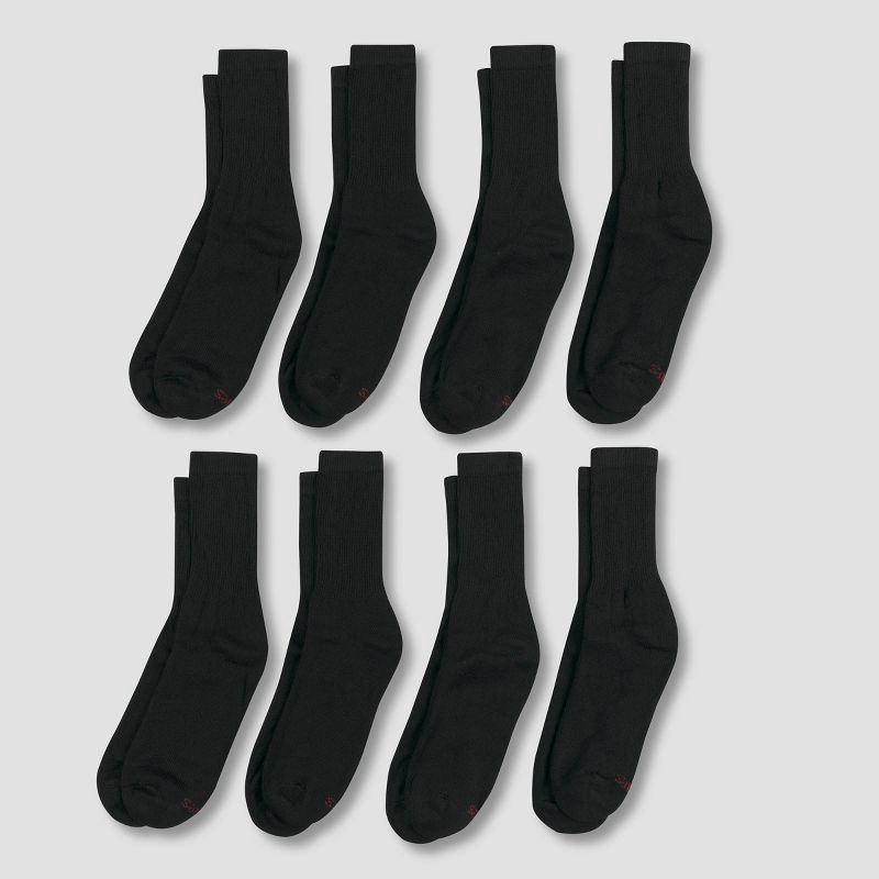 slide 2 of 3, Men's Hanes 8pk Crew Socks with FreshIQ - Black 6-12: Cotton Blend, Moisture Wicking, Reinforced Heel & Toe, Machine Washable, 8 ct