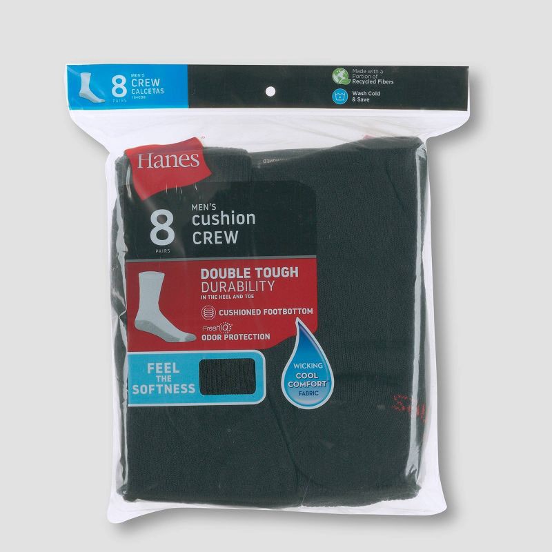 slide 3 of 3, Men's Hanes 8pk Crew Socks with FreshIQ - Black 6-12: Cotton Blend, Moisture Wicking, Reinforced Heel & Toe, Machine Washable, 8 ct