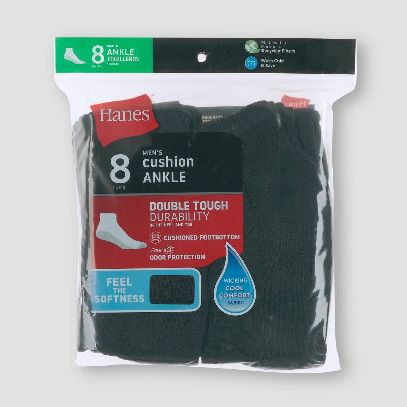 slide 3 of 3, Hanes Men's Ankle Socks with FreshIQ 8pk - Black 6-12: Moisture Wicking, Reinforced Heel & Toe, 8 ct