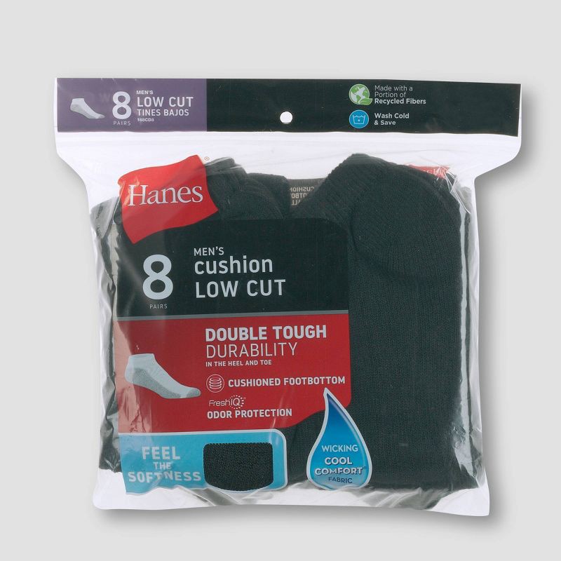 slide 3 of 3, Men's Hanes Low Cut Socks with FreshIQ 8pk - Black: Moisture Wicking, Reinforced Heel & Toe, 8 ct