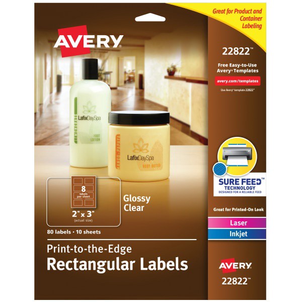 slide 1 of 10, Avery Easy Peel Trueblock Print-To-The-Edge Inkjet/Laser Labels, Rectangular, 22822, Glossy Clear, 80 ct; 2 in x 3 in
